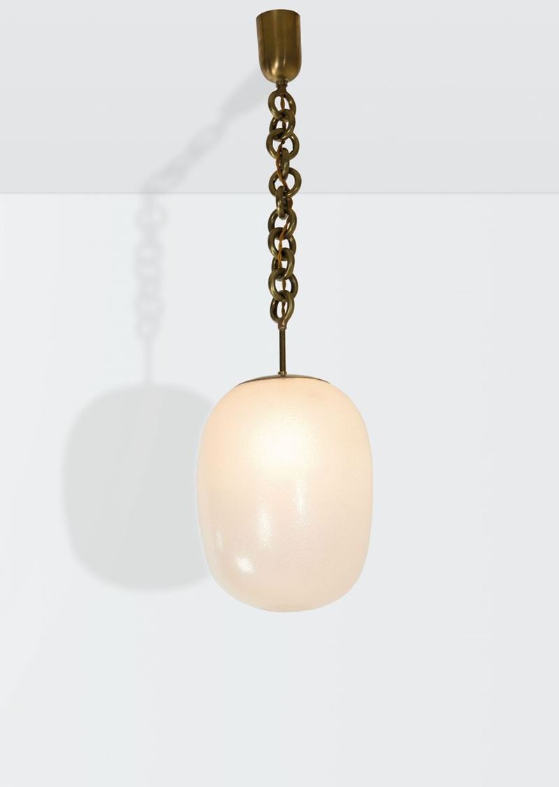 Seguso, a pendant lamp with a brass structure and an opaline glass shade. Seguso Prod., Italy, 1940 ca.  - Auction Design 200 - Cambi Casa d'Aste