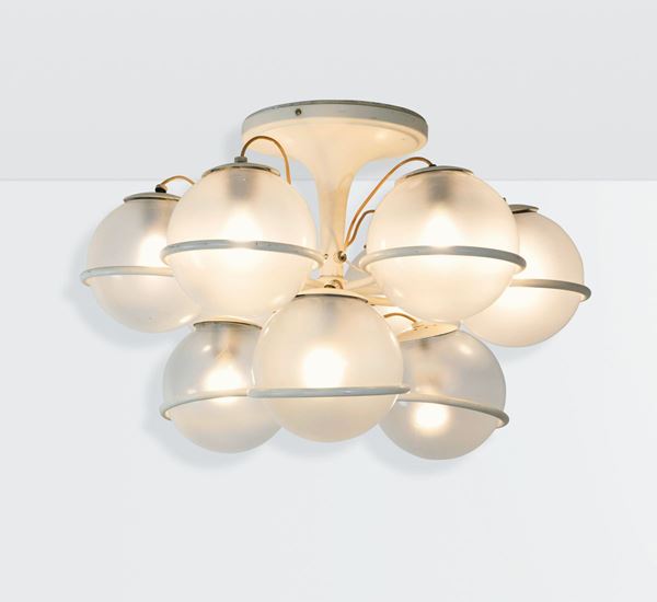 Gino Sarfatti, a mod. 2042/9 ceiling lamp in lacquered metal with satinised glass spheres. Arteluce Prod., Italy, 1963