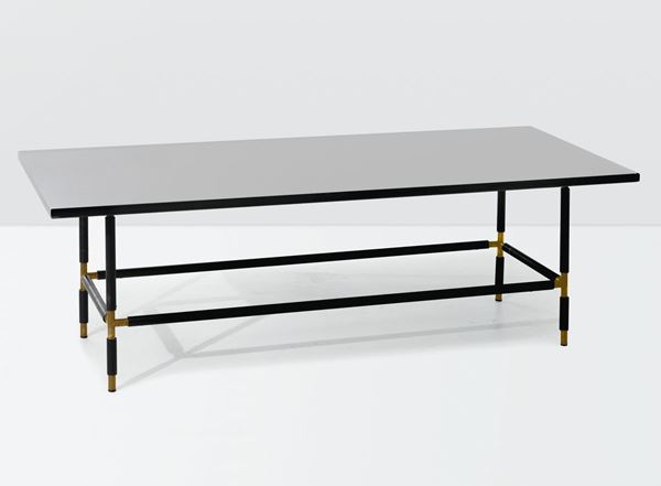 Max Ingrand, a 1736 coffee table with a brass and lacquered brass structure. Glass top. Fontana Arte Prod., Italy, 1955 ca.