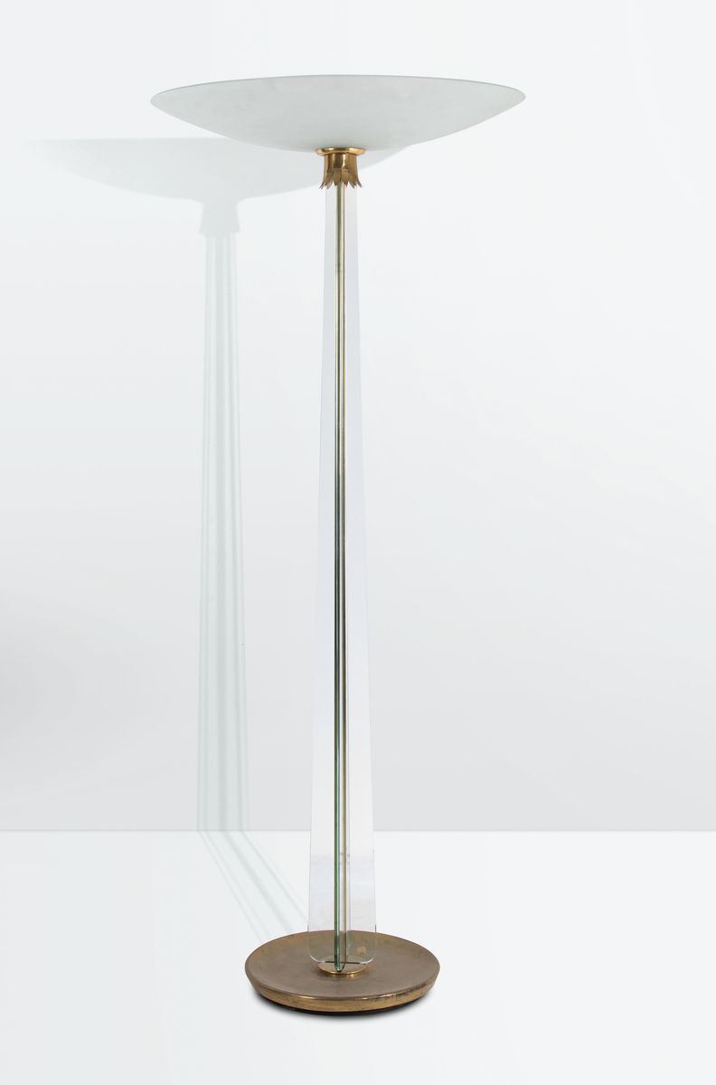 Pietro Chiesa, a floor lamp with a metal and crystal structure, a brass base and a satinised crystal shade. Fontana Arte Prod., Italy, 1935 ca.  - Auction Design 200 - Cambi Casa d'Aste