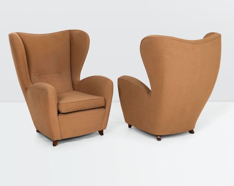 A pair of armchairs with a wooden structure and fabric upholstery. Italy, 1950 ca.  - Auction Design 200 - Cambi Casa d'Aste