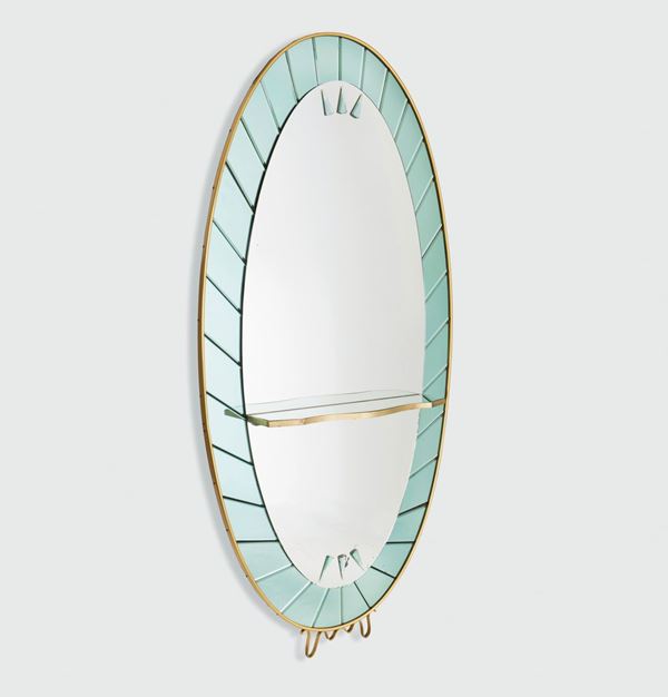 Cristal Art, a large mirror with a coloured and cut glass frame. Brass details. Cristal Art Prod., Italy, 1950 ca.