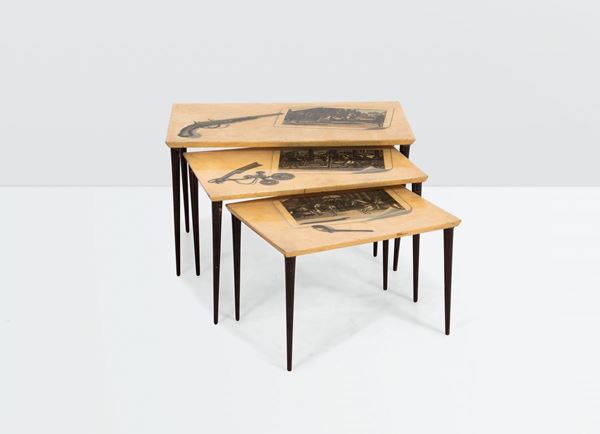 Aldo Tura, a set of three wooden tables with parchment tops. Original label. Tura Prod., Italy, 1950 ca.
