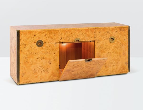 Willy Rizzo, a Savage sideboard with a wooden structure, briar root lining and brass details. Sabot Prod., Italy, 1970 ca.
