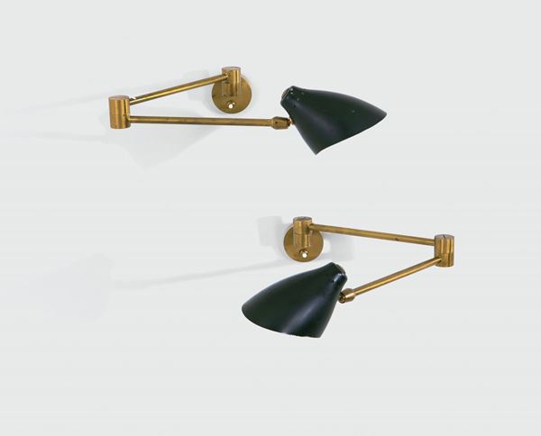 Angelo Lelii, a pair of brass appliques with lacquered aluminum shades. Arredoluce Prod., Italy, 1950 ca.