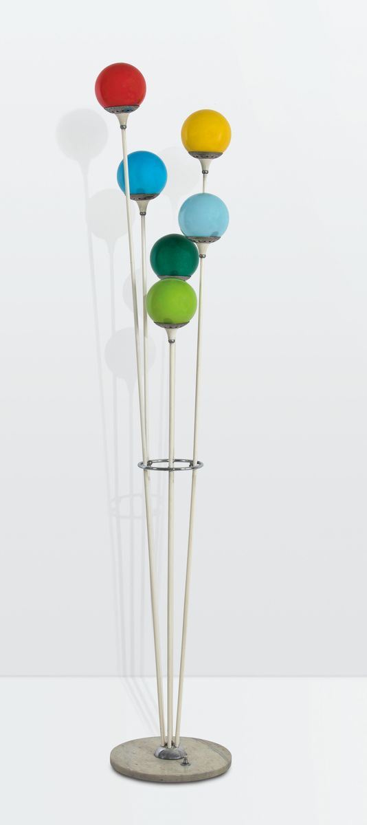 Stilnovo, an Alberello floor lamp with a chromed brass structure, a marble base and coloured glass shades. Stilnovo Prod., Italy, 1960 ca.