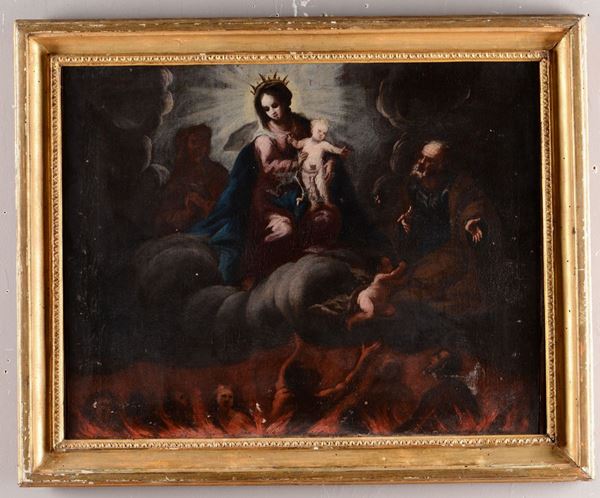 Scuola del XVIII secolo Madonna con Bambino, San Giuseppe, Sant'Anna e le anime dannate