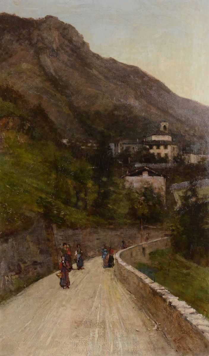 Lorenzo Gignous (1862 - 1958) Paesaggio con strada e figure  - Asta Dipinti del XIX e XX secolo - Cambi Casa d'Aste