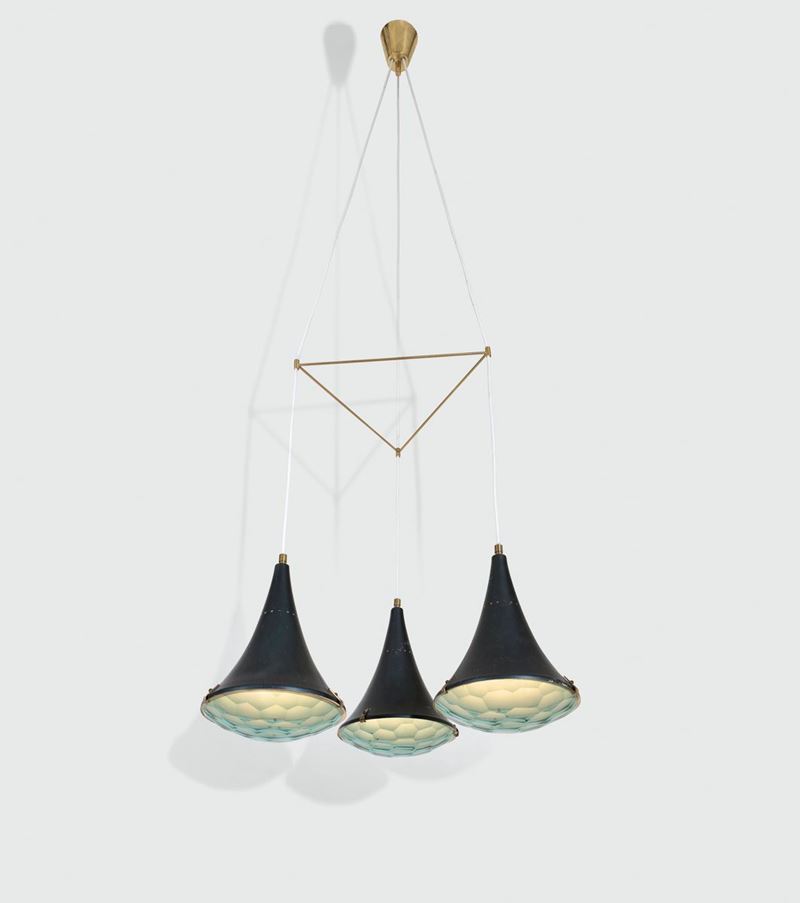 Stilnovo, a pendant lamp with a lacquered aluminum and brass structure. Cut glass shade. Stilnovo Prod., Italy, 1950 ca.  - Auction Design 200 - Cambi Casa d'Aste