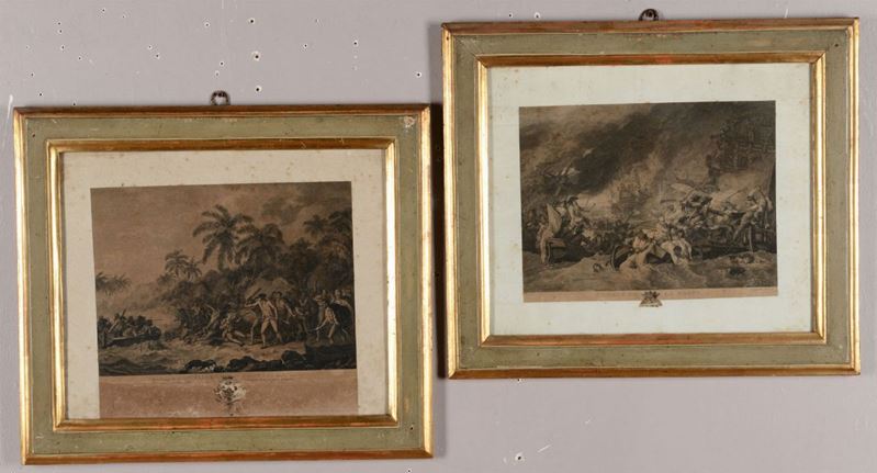 Coppia di cornici laccate verde e oro contenenti stampe, fine XIX secolo  - Auction Fine Art - I - Cambi Casa d'Aste