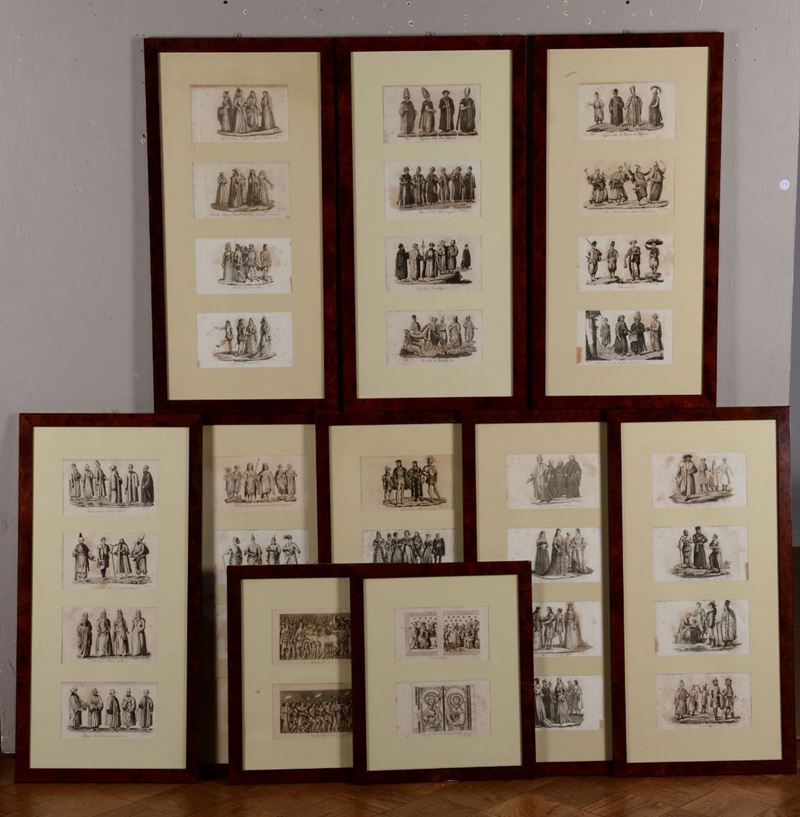 Gruppo di dieci cornici diverse contenenti incisioni con figure in costume, XIX secolo  - Auction Fine Art - I - Cambi Casa d'Aste