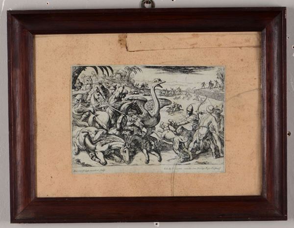 Incisione raffigurante la caccia allo struzzo, XVIII-XIX secolo