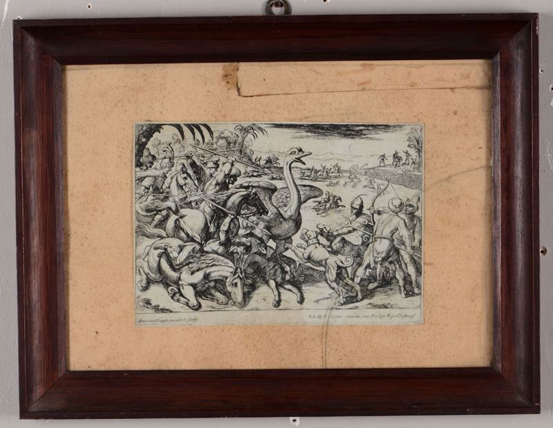 Incisione raffigurante la caccia allo struzzo, XVIII-XIX secolo  - Asta Antiquariato - I - Cambi Casa d'Aste