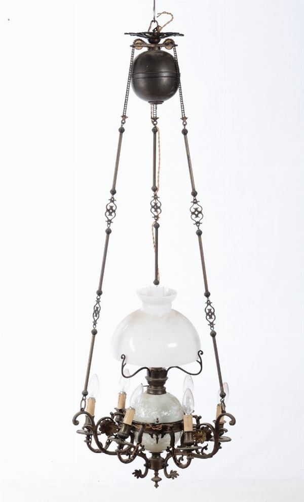 Lampadario a sei luci in metallo e vetro, XIX secolo
