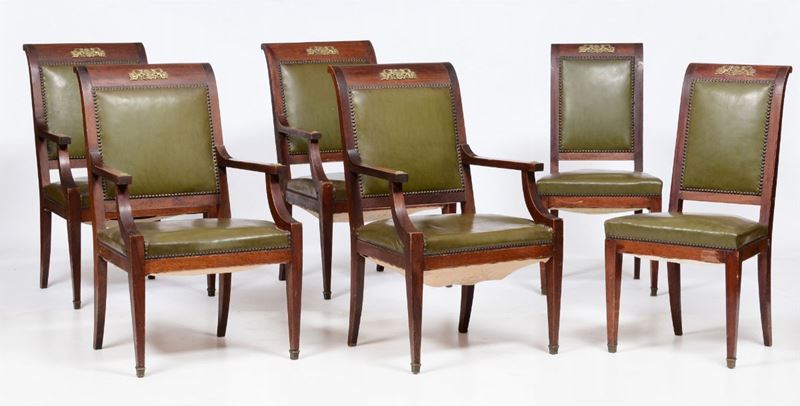 Gruppo di quattro poltrone e due sedie in mogano, inizio XX secolo  - Auction Fine Art - I - Cambi Casa d'Aste