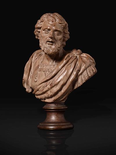 Busto Virile Loricato. Terracotta su Base in Bronzo Fuso e Tornito (non Coeva). Roma, Prima Metà ...