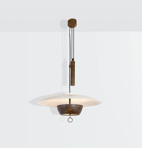 Gaetano Sciolari, an adjustable ceiling lamp with a rocking arm. Brass structure, lacquered aluminum reflector and glass shade. Sciolari Prod., Italy, 1950 ca.