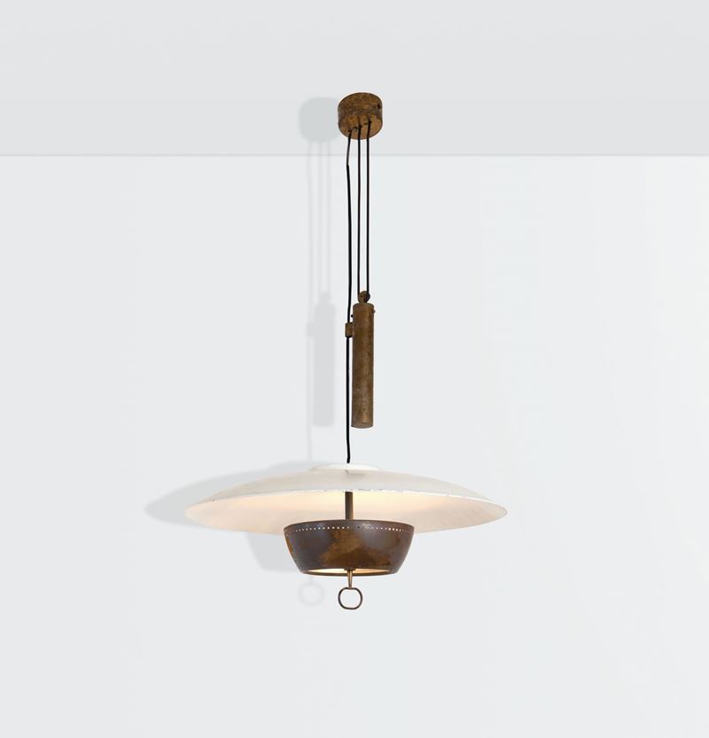 Gaetano Sciolari, an adjustable ceiling lamp with a rocking arm. Brass structure, lacquered aluminum reflector and glass shade. Sciolari Prod., Italy, 1950 ca.  - Auction Design 200 - Cambi Casa d'Aste