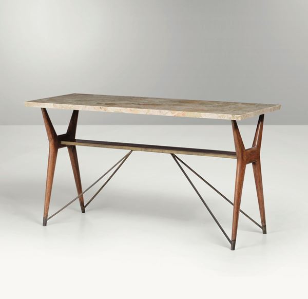 Melchiorre Bega, a console table with a brass and wood structure. Marble tops. Italy, 1950 ca.