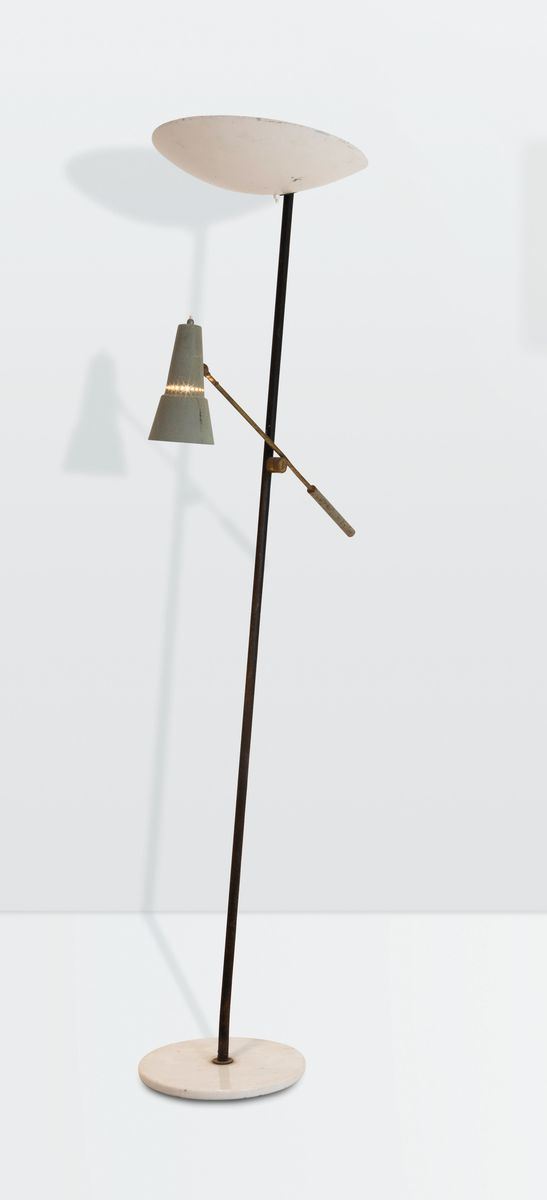 Stilnovo, a floor lamp with a brass and lacquered brass structure. Lacquered aluminum shades. Marble base. Engraved mark. Original decal.