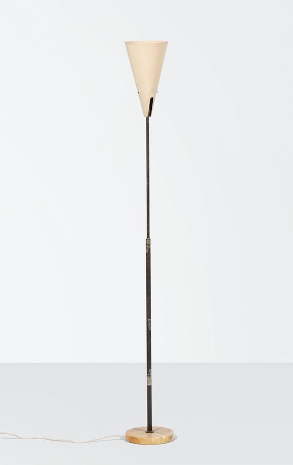 Oluce, a floor lamp with a brass structure and an aluminum shade. Marble base. Oluce Prod., Italy, 1950 ca.