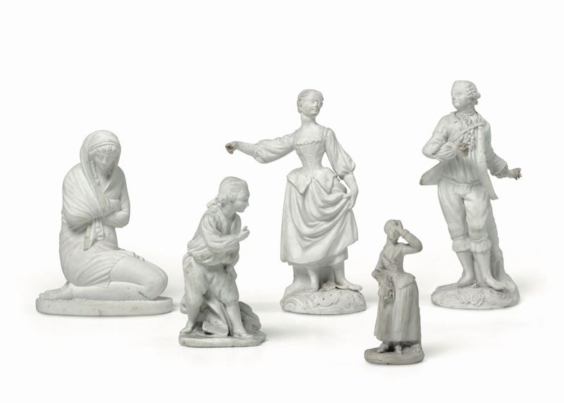 Cinque figurine Varie manifatture, XVIII-XIX secolo  - Auction Majolica and Porcelain - Cambi Casa d'Aste