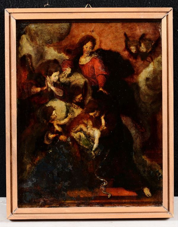 Incisione acquarellata raffigurante scena religiosa, XVIII secolo