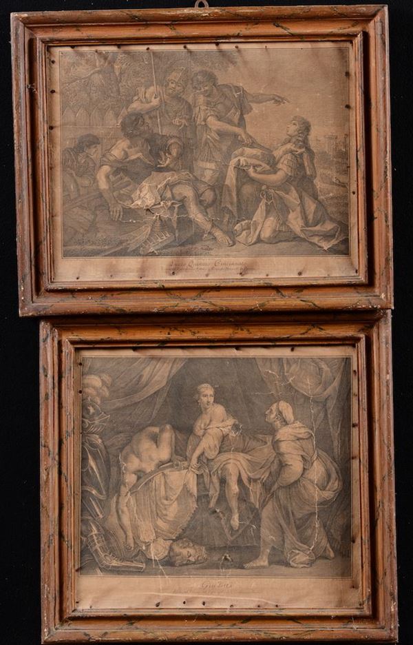Quattro incisioni raffiguranti Lucio Quinzio Cincinnato,  Giuditta, La congiura di Catilina, Scipione l'Africano. Fine XVIII secolo