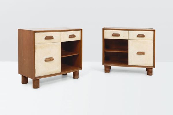 Osvaldo Borsani, a pair of nightstands with a wooden structure and parchment linings. Arredamenti Borsani Prod., Italy, 1950 ca.