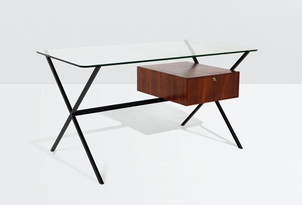 Franco Albini, a desk with a lacquered metal and wood structure and a crystal top. Italy, 1950 ca.