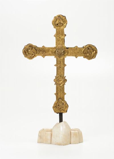 Antica Croce Astile in Rame e Bronzo Dorato, XVI Secolo
