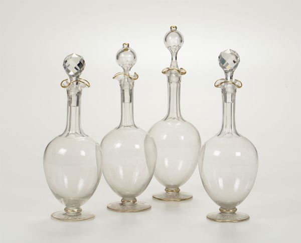 Quattro bottiglie in vetro molato con tappi, XIX-XX secolo