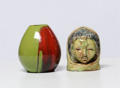 Testa in Maiolica e Vaso Firmato Francesco Faravelli, Italia XX Secolo