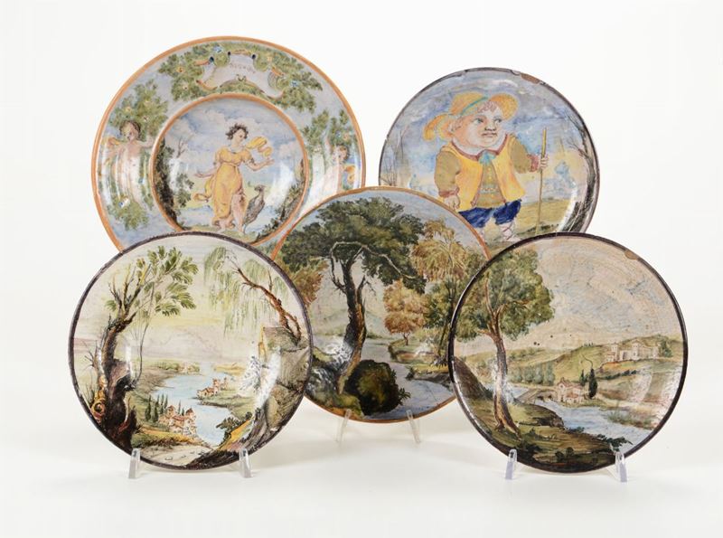 Cinque piattini Probabilmente Castelli, fine XIX - inizio XX secolo  - Auction Ceramics Timed Auction - III - Cambi Casa d'Aste