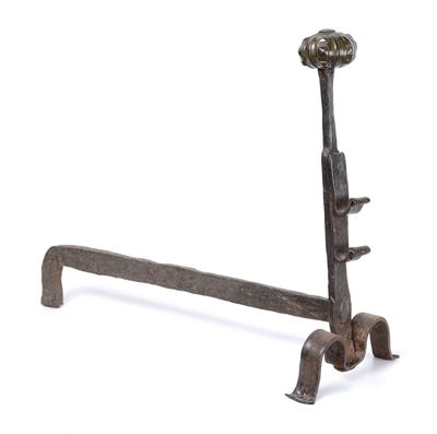 Alare in Ferro Battuto, Pomolo in Bronzo con Motivo Decorativo a Diamante, XVII-XVIII Secolo