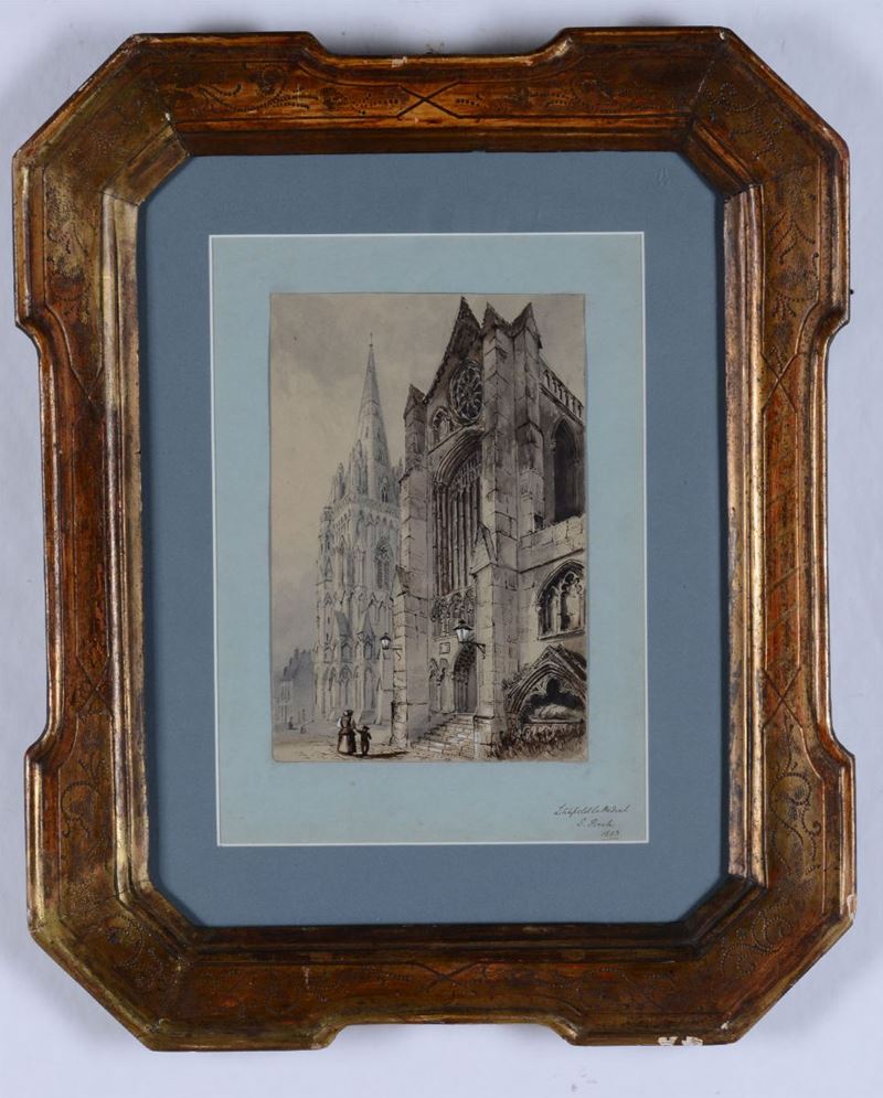 Artista inglese dell’800 (firma indecifrata) Veduta di cattedrale, 1848  - Asta Asta a Tempo Dipinti e Disegni - I - Cambi Casa d'Aste