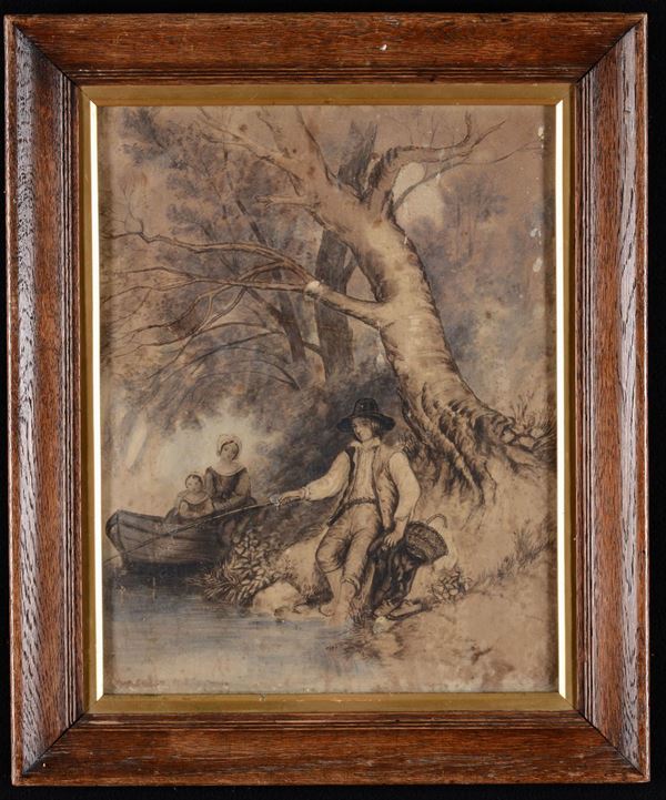 Artista inglese del XIX secolo, nei modi di George Morland Pescatore in riva al fiume