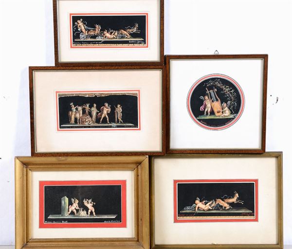 Gruppo di 5 gouache napoletane raffiguranti soggetti pompeiani  “Giochi di amorini, 1940-1950