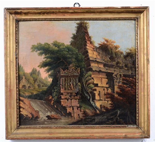 John Quidor (?)  (1801-1888) Paesaggio fantastico con rovine e cascata