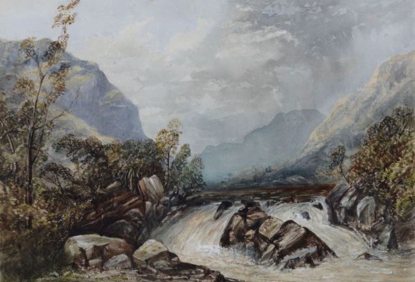 Artista inglese del XIX secolo Paesaggio con cascata