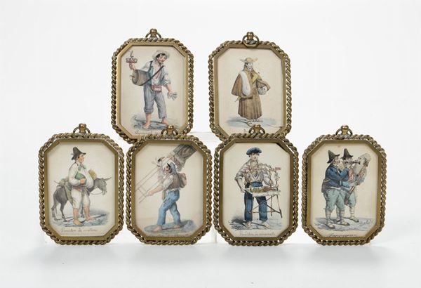 Sei litografie acquerellate I mestieri di strada”, in originali cornici di ottone, XIX secolo