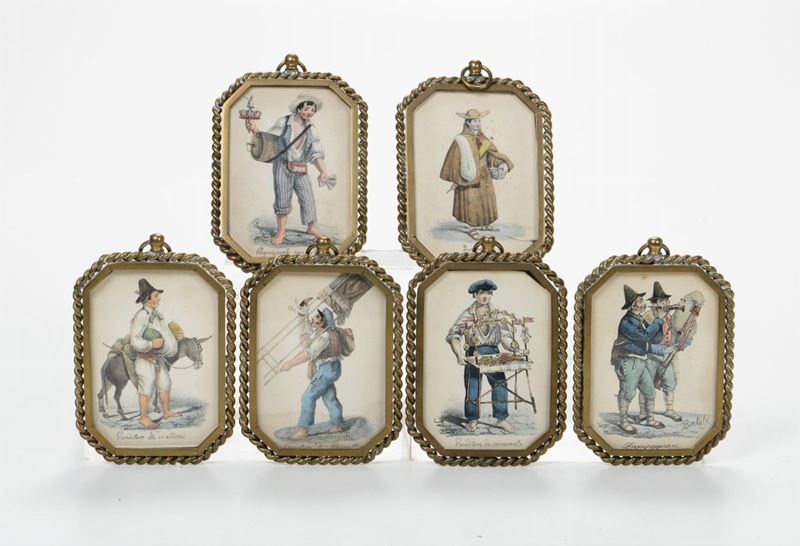 Sei litografie acquerellate I mestieri di strada”, in originali cornici di ottone, XIX secolo  - Auction Prints Timed Auction - II - Cambi Casa d'Aste