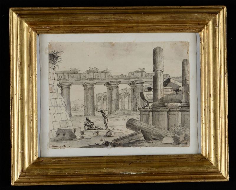 Anonimo del XIX secolo Paesaggio neoclassico con personaggi e rovine classiche  - Auction Paintings and Drawings Timed Auction - I - Cambi Casa d'Aste