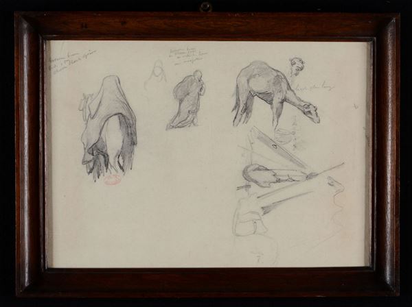 Paul Delamain (1821-1882) Studio di cammelli e beduini con annotazioni
