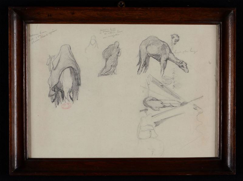 Paul Delamain (1821-1882) Studio di cammelli e beduini con annotazioni  - Asta Asta a Tempo Dipinti e Disegni - I - Cambi Casa d'Aste