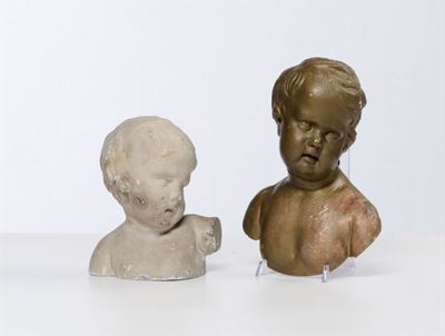 Lotto Composto da Due Busti di Putti, uno il Legno Intagliato L’altro in Gesso, da un Prototipo d...