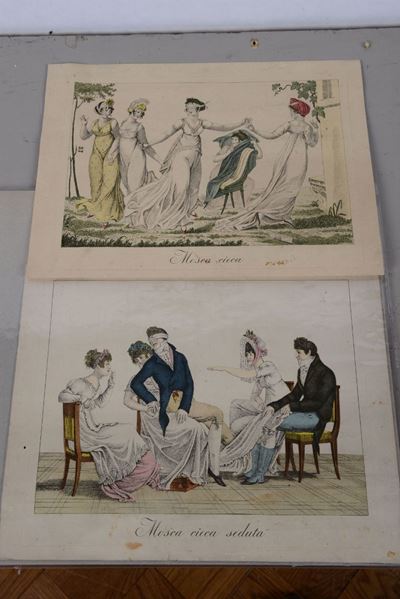 Due Curiose Stampe Colorate Raffiguranti “mosca Cieca” e “mosca Cieca Seduta”, Italia XIX Secolo