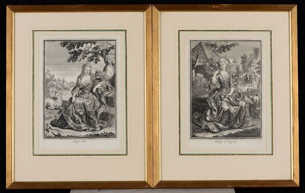 Coppia di stampe francesi del XVIII secolo, raffiguranti “L’age d’Or “ e “L’age d’Argent”