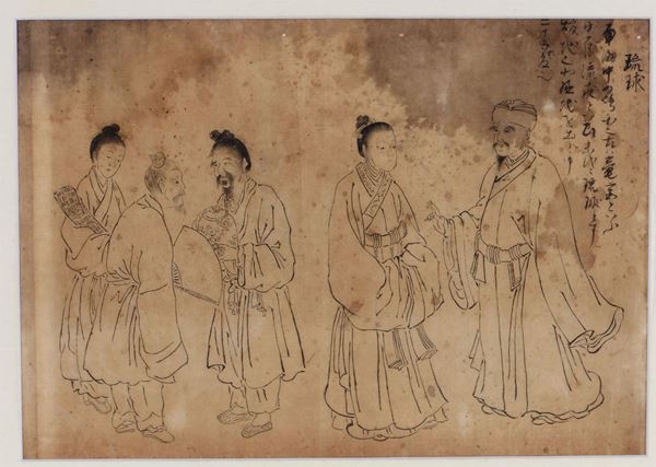 Antico disegno giapponese a inchiostro con iscrizioni raffigurante Nobili Personaggi