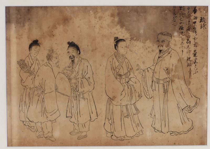 Antico disegno giapponese a inchiostro con iscrizioni raffigurante Nobili Personaggi  - Asta Asta a Tempo Dipinti e Disegni - I - Cambi Casa d'Aste